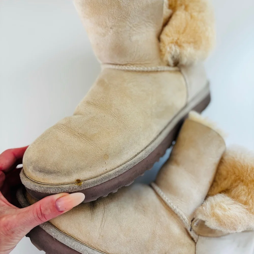 UGG Beige Sheepskin Winter Boots with Pink Pom Poms
